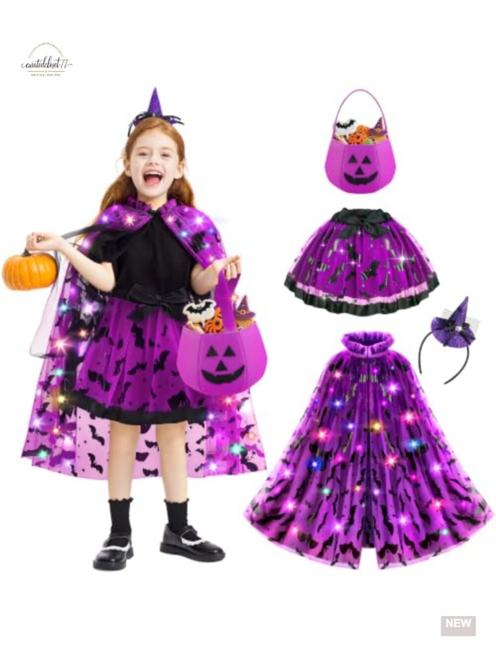 Light Up Witch Cape Tutu Costume Set Girls Halloween Dress Up 4 Pc